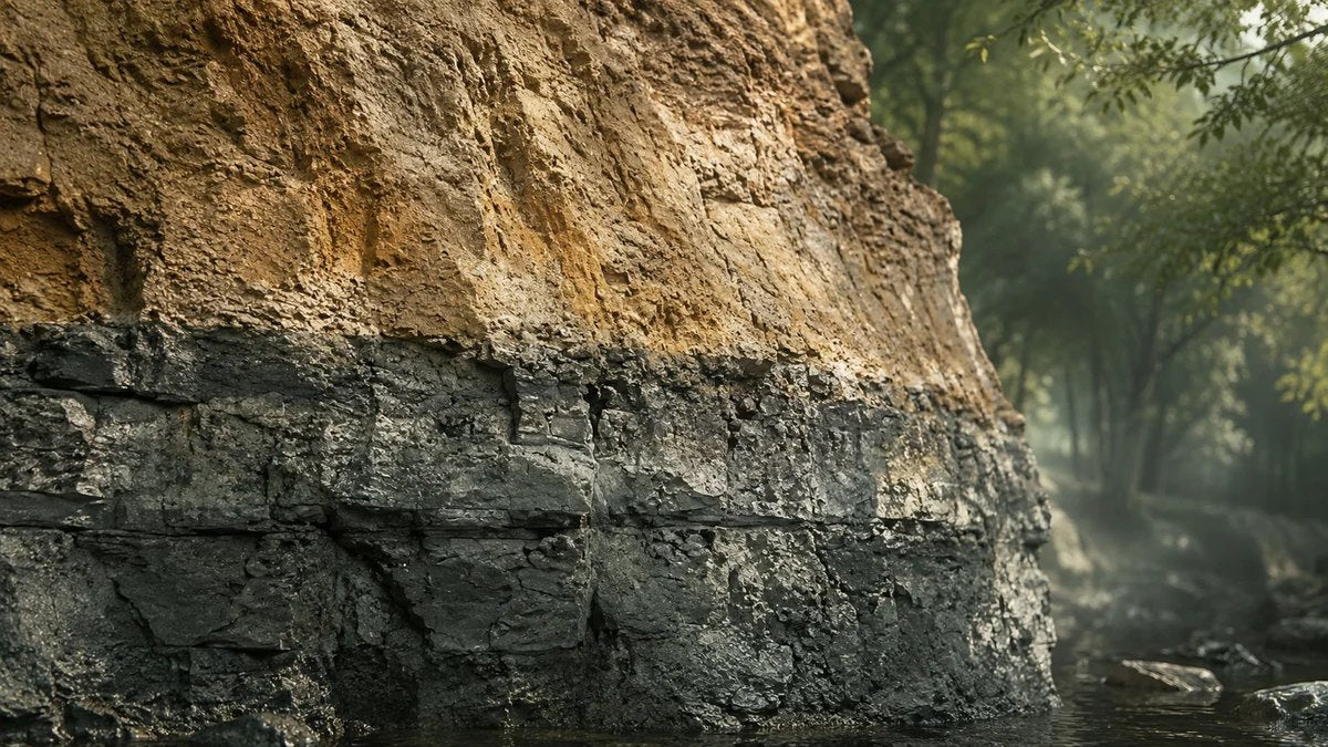 A layered rock face: a golden terrestrial stratum over a dark ancient oceanic stratum at the water's edge