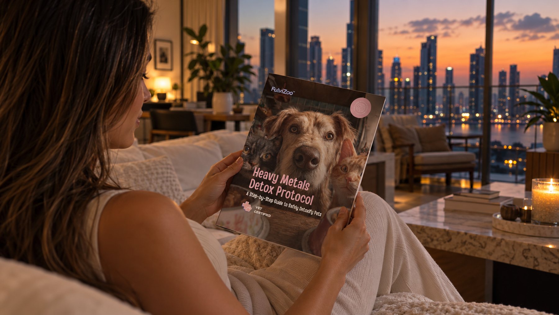 A woman reading the FulviZoo Heavy Metals Detox Protocol guide at home