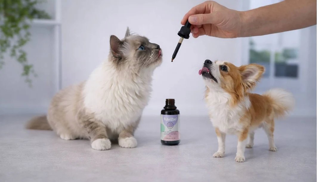 A cat and a small dog taking a drop of FulviZoo beside the bottle